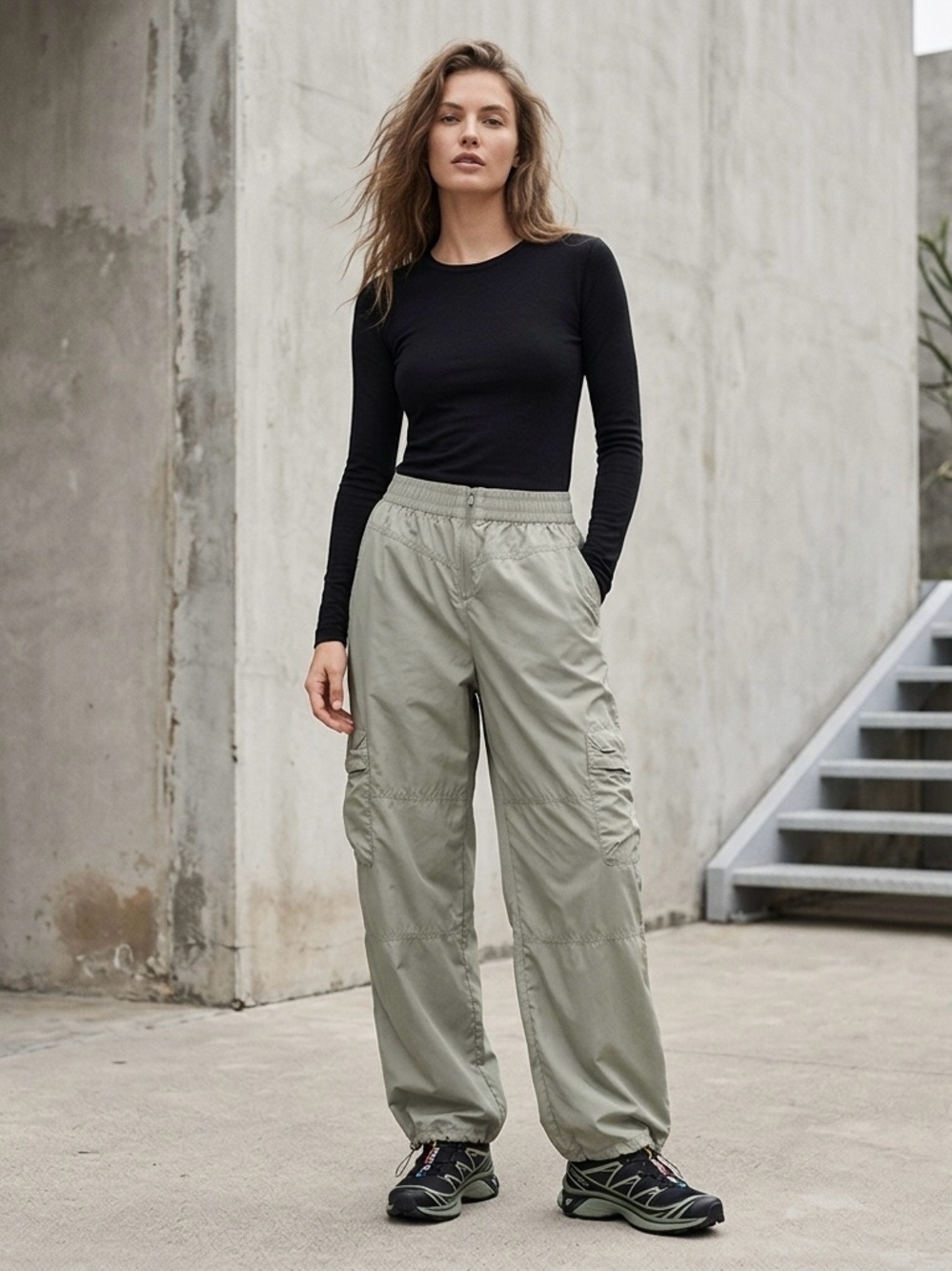 H&M Move Loose-Fit Parachute Cargo Pants Relaxed Track Sage Green Size Medium